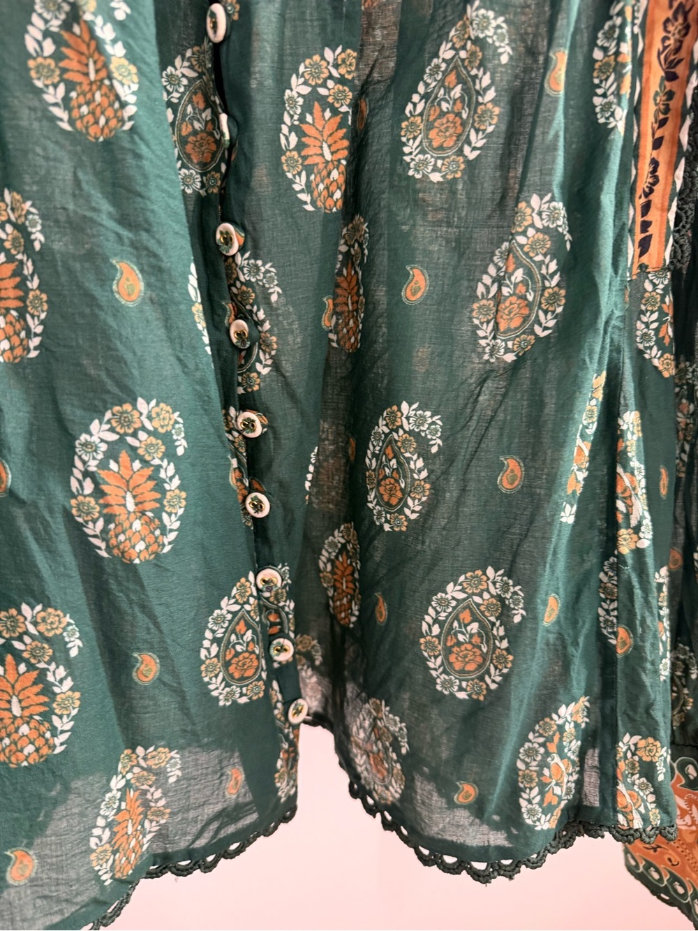 FARM Rio Forest Green Floral Button-Down Blouse with Mustard Trim - Picture 4 of 5